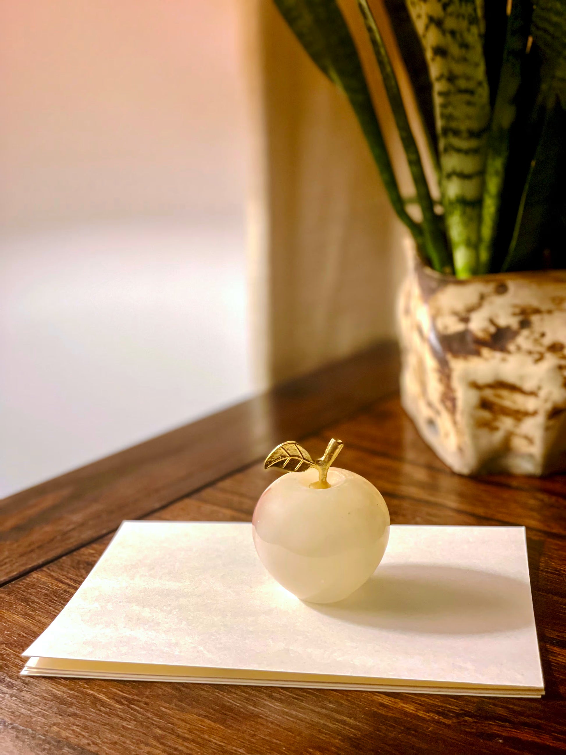 Decorative apple sculpture on a white napkin with a plant in the background